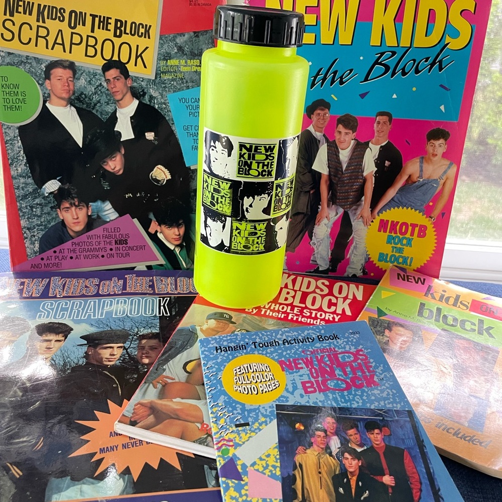 Vintage New Kids on the Block Neon Green Water Bottle and books